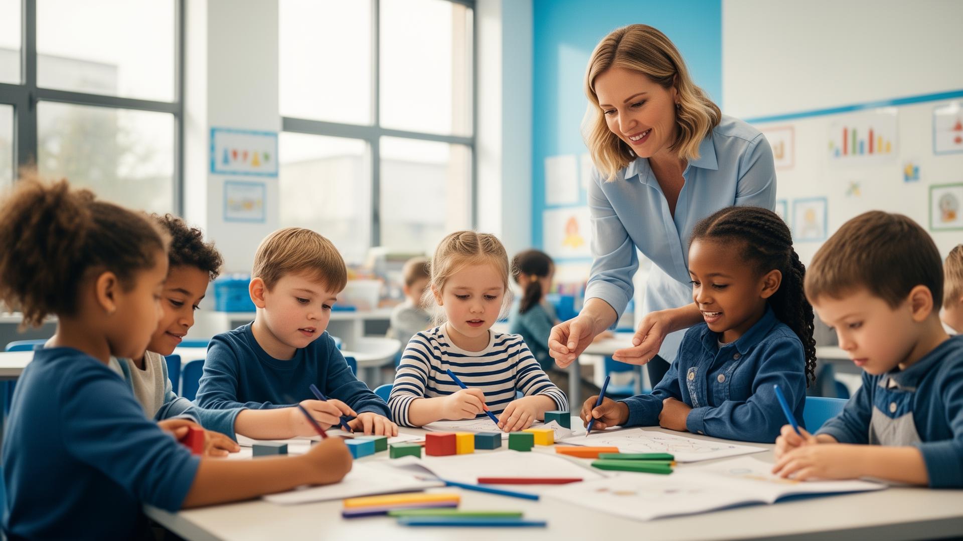 Crianças aprendendo de forma inclusiva com uma educadora em uma sala iluminada